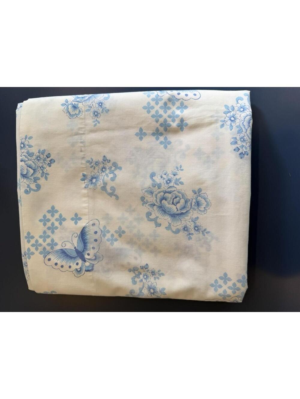 Vintage Pacific Percale Flat Sheet Blue & White With Butterflies & Flowers